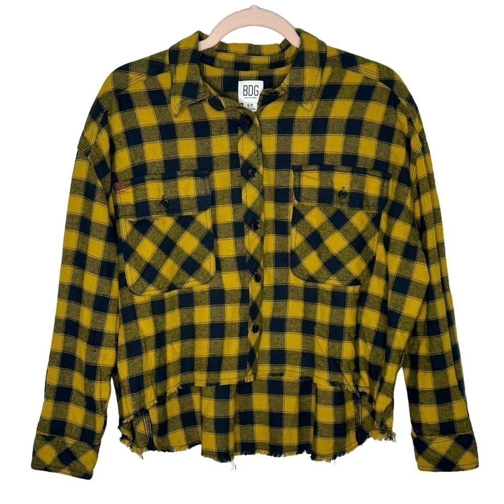 BDG Yellow and Black Plaid High Low Raw Hem Boxy Fit Long Sleeve Button Down Top